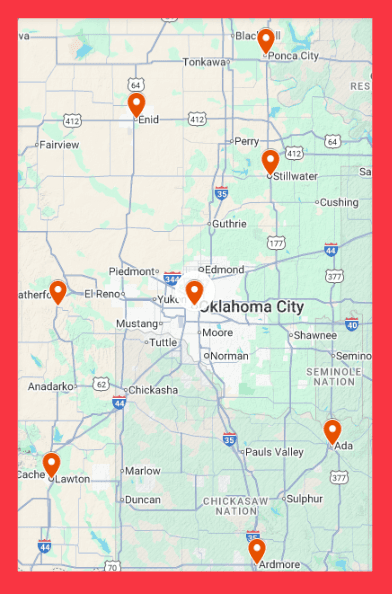 Service area map covering central Oklahoma